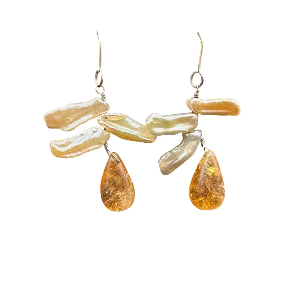 Artisan Made Vintage Biwa Pearl Citrine Amber Drop Earrings Boho Dangle